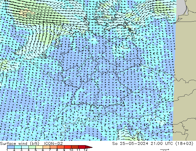 Surface wind (bft) ICON-D2 So 25.05.2024 21 UTC