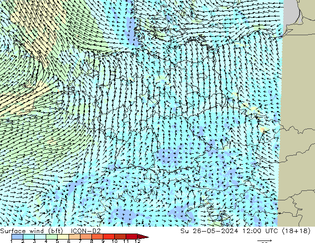 Surface wind (bft) ICON-D2 Su 26.05.2024 12 UTC