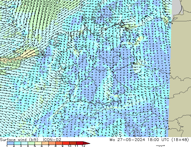 Surface wind (bft) ICON-D2 Mo 27.05.2024 18 UTC