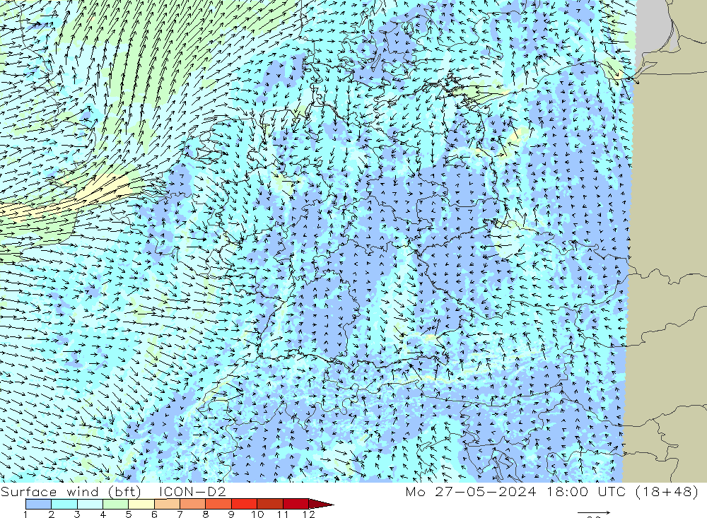 Vent 10 m (bft) ICON-D2 lun 27.05.2024 18 UTC