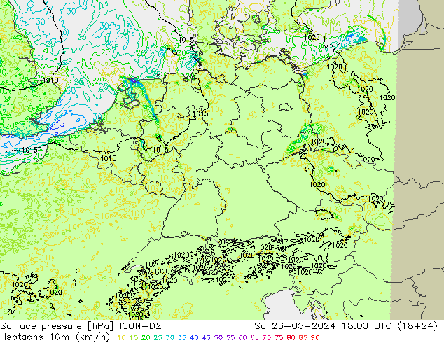 Isotachen (km/h) ICON-D2 So 26.05.2024 18 UTC