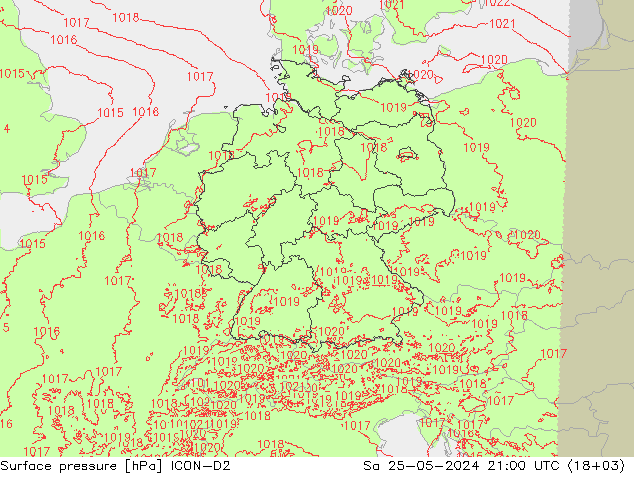 Presión superficial ICON-D2 sáb 25.05.2024 21 UTC