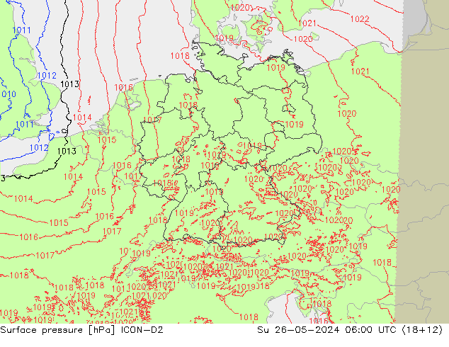 Atmosférický tlak ICON-D2 Ne 26.05.2024 06 UTC