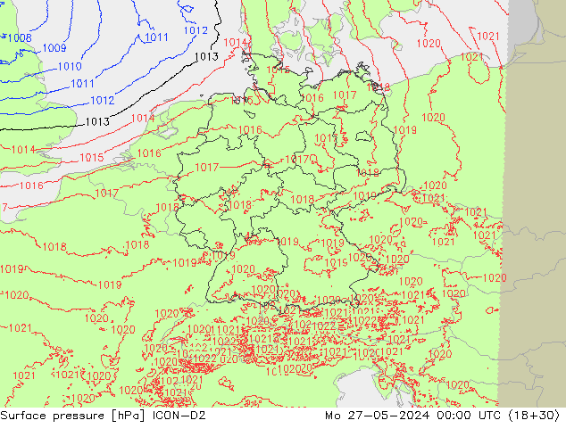 Pressione al suolo ICON-D2 lun 27.05.2024 00 UTC