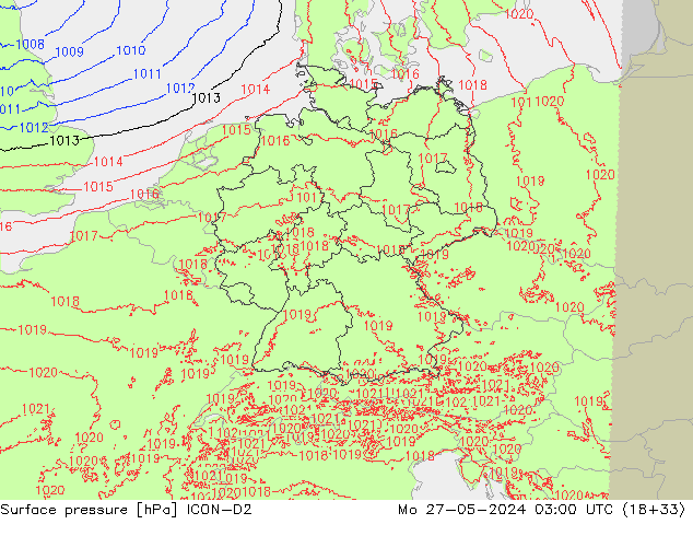 Atmosférický tlak ICON-D2 Po 27.05.2024 03 UTC