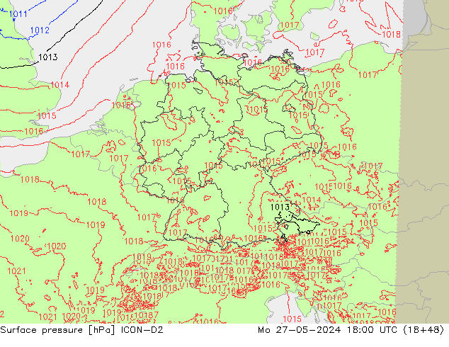 Presión superficial ICON-D2 lun 27.05.2024 18 UTC