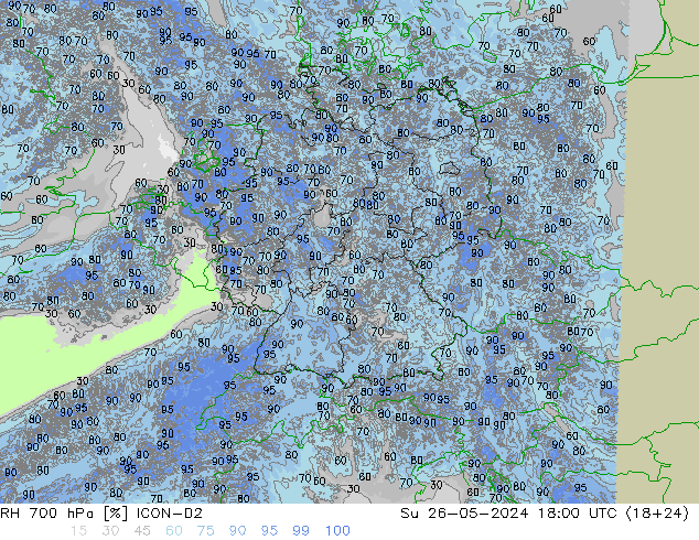 RH 700 hPa ICON-D2  26.05.2024 18 UTC