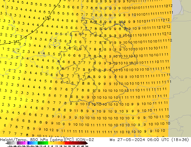 Height/Temp. 850 гПа ICON-D2 пн 27.05.2024 06 UTC