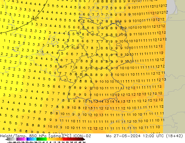 Hoogte/Temp. 850 hPa ICON-D2 ma 27.05.2024 12 UTC