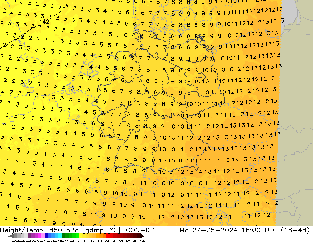 Géop./Temp. 850 hPa ICON-D2 lun 27.05.2024 18 UTC