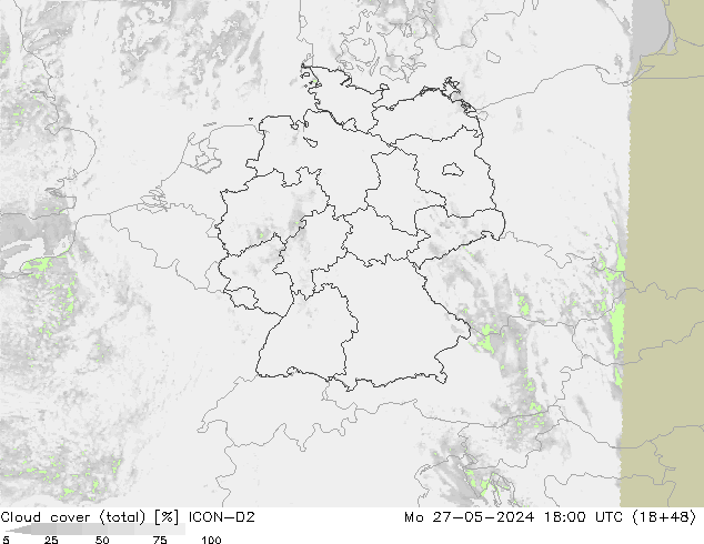 Cloud cover (total) ICON-D2 Mo 27.05.2024 18 UTC