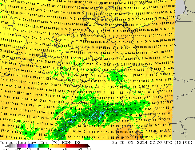 Min.temperatuur (2m) ICON-D2 zo 26.05.2024 00 UTC