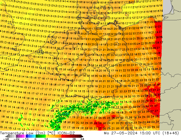 Temperatura mín. (2m) ICON-D2 lun 27.05.2024 15 UTC