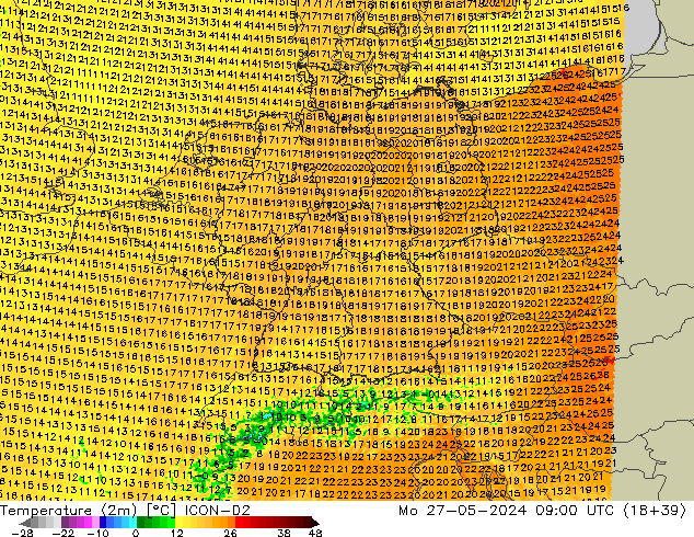 Temperature (2m) ICON-D2 Mo 27.05.2024 09 UTC