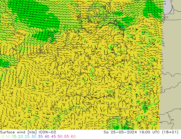 wiatr 10 m ICON-D2 so. 25.05.2024 19 UTC