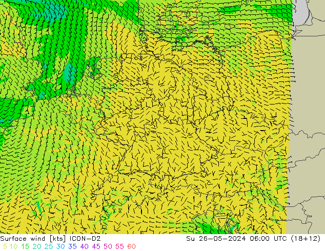 Wind 10 m ICON-D2 zo 26.05.2024 06 UTC