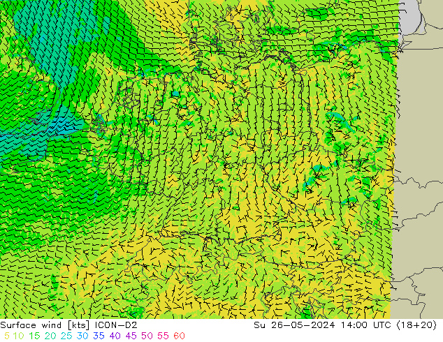 Surface wind ICON-D2 Ne 26.05.2024 14 UTC