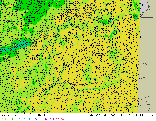 Rüzgar 10 m ICON-D2 Pzt 27.05.2024 18 UTC