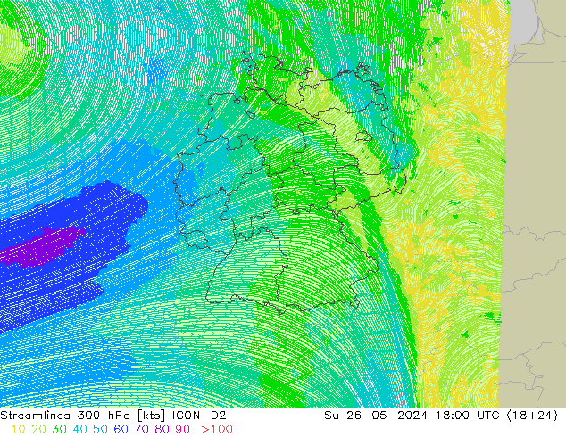 Stromlinien 300 hPa ICON-D2 So 26.05.2024 18 UTC