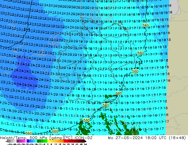 Height/Temp. 500 hPa ICON-D2 Mo 27.05.2024 18 UTC