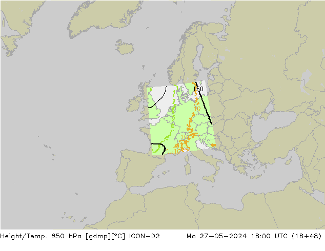 Height/Temp. 850 hPa ICON-D2 Mo 27.05.2024 18 UTC