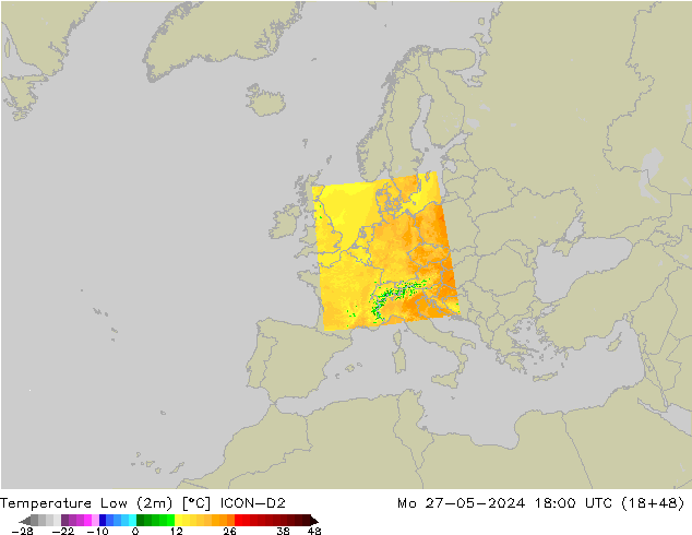 Tiefstwerte (2m) ICON-D2 Mo 27.05.2024 18 UTC