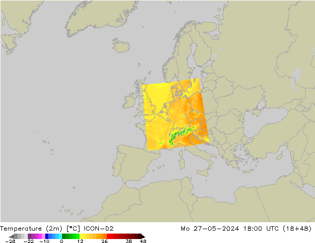 mapa temperatury (2m) ICON-D2 pon. 27.05.2024 18 UTC
