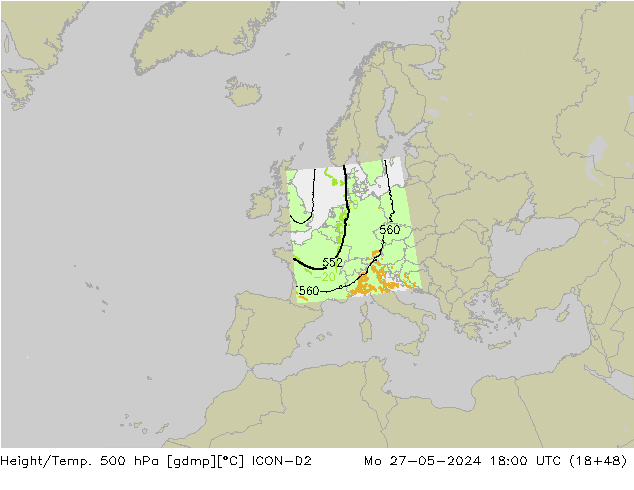 Height/Temp. 500 hPa ICON-D2 pon. 27.05.2024 18 UTC