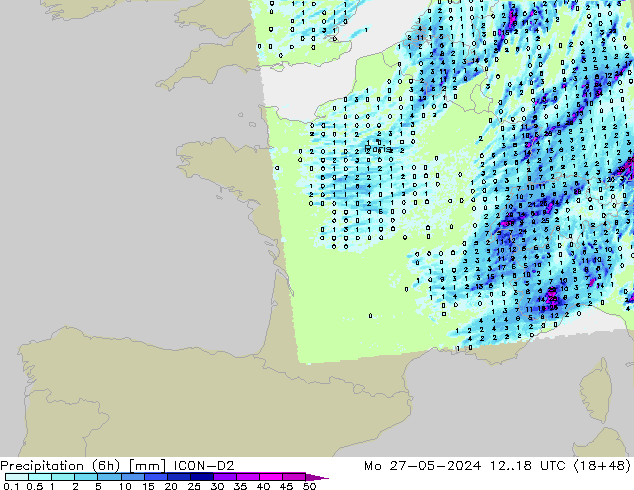 Precipitação (6h) ICON-D2 Seg 27.05.2024 18 UTC