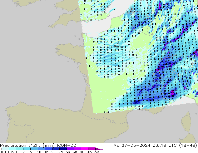 Precipitation (12h) ICON-D2 Mo 27.05.2024 18 UTC