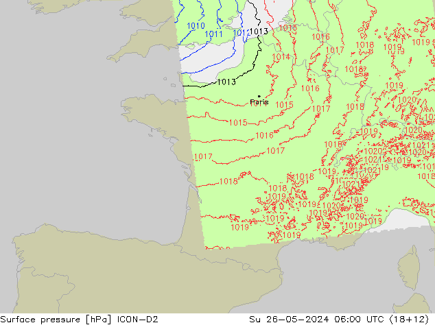 Atmosférický tlak ICON-D2 Ne 26.05.2024 06 UTC