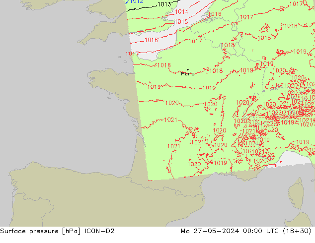 Surface pressure ICON-D2 Mo 27.05.2024 00 UTC