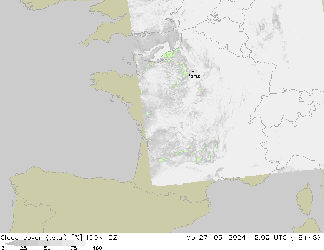 Cloud cover (total) ICON-D2 Mo 27.05.2024 18 UTC