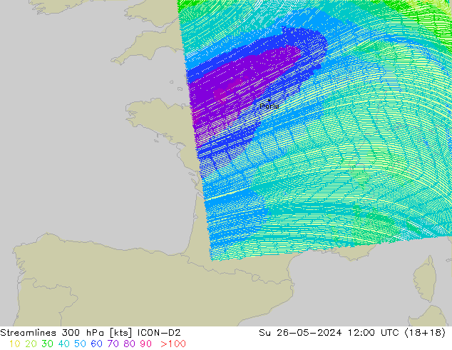 Streamlines 300 hPa ICON-D2 Su 26.05.2024 12 UTC