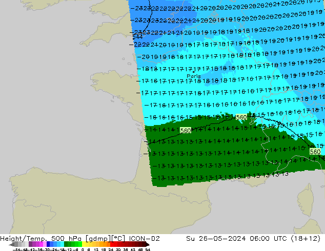 Height/Temp. 500 hPa ICON-D2 Dom 26.05.2024 06 UTC