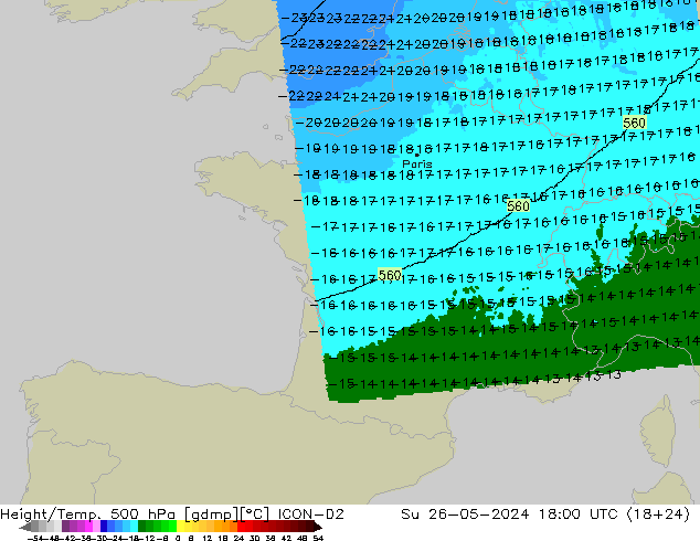 Géop./Temp. 500 hPa ICON-D2 dim 26.05.2024 18 UTC