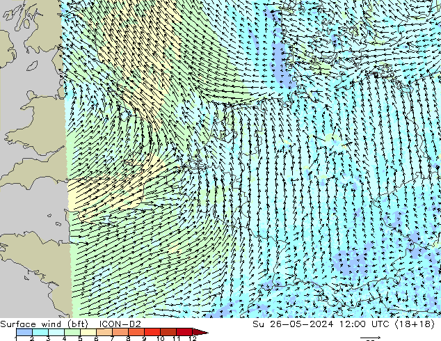 ве�Bе�@ 10 m (bft) ICON-D2 Вс 26.05.2024 12 UTC