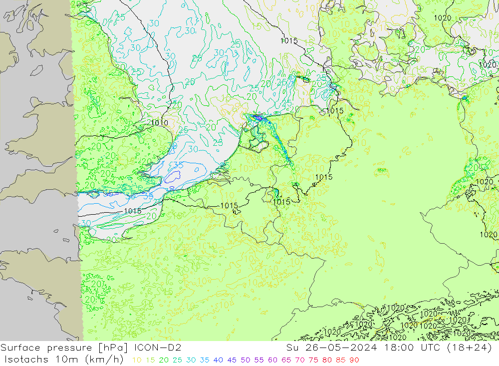 Isotaca (kph) ICON-D2 dom 26.05.2024 18 UTC