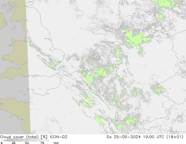 Cloud cover (total) ICON-D2 Sa 25.05.2024 19 UTC