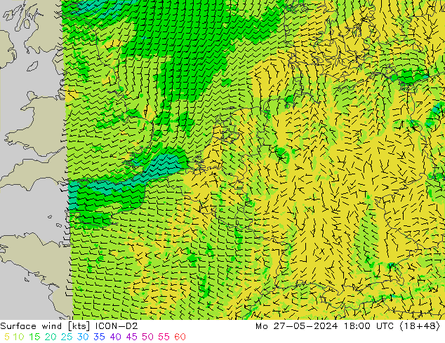 Vento 10 m ICON-D2 Seg 27.05.2024 18 UTC