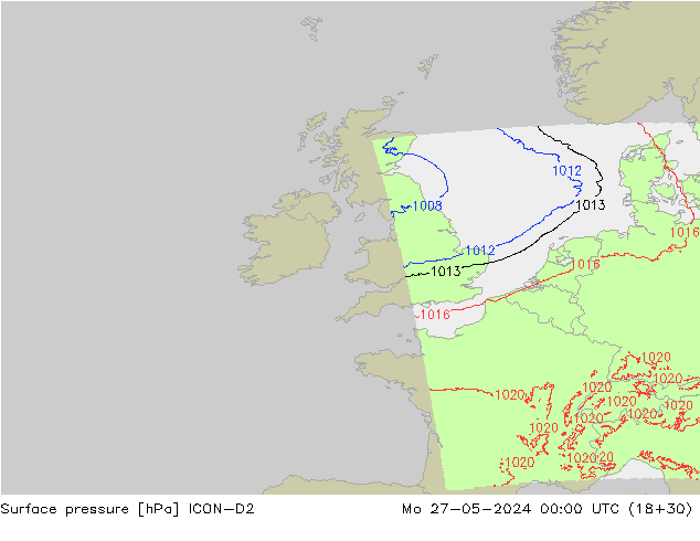 Surface pressure ICON-D2 Mo 27.05.2024 00 UTC