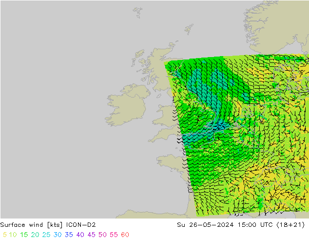 Surface wind ICON-D2 Su 26.05.2024 15 UTC