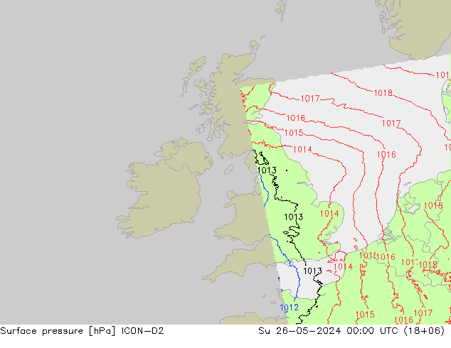 Presión superficial ICON-D2 dom 26.05.2024 00 UTC