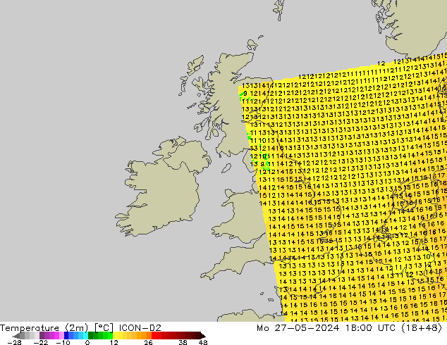 mapa temperatury (2m) ICON-D2 pon. 27.05.2024 18 UTC