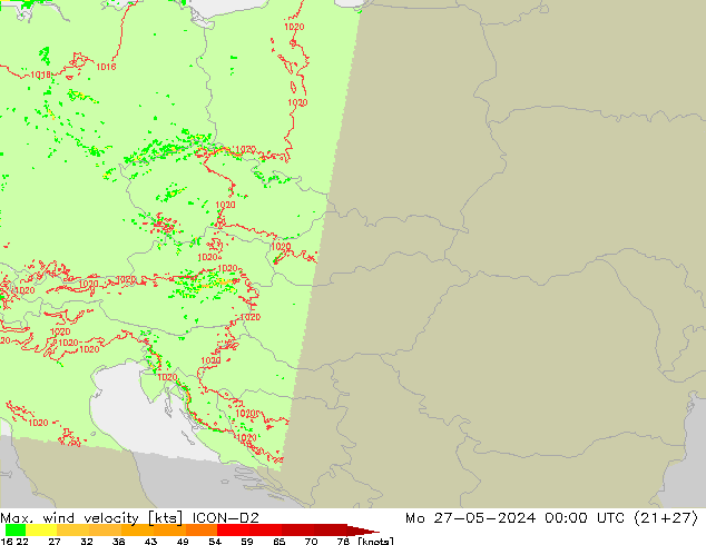 Max. wind velocity ICON-D2 Mo 27.05.2024 00 UTC