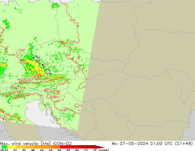 Max. wind velocity ICON-D2 Mo 27.05.2024 21 UTC