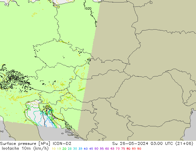 Isotachen (km/h) ICON-D2 zo 26.05.2024 03 UTC