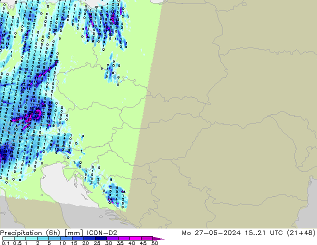 Precipitación (6h) ICON-D2 lun 27.05.2024 21 UTC