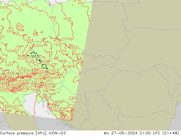 Atmosférický tlak ICON-D2 Po 27.05.2024 21 UTC