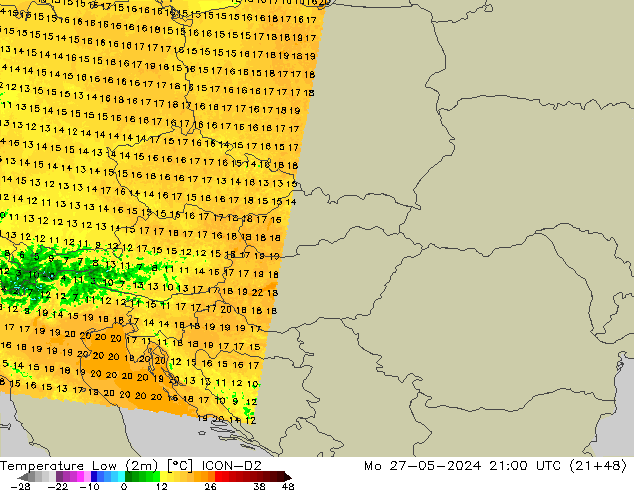 Темпер. мин. (2т) ICON-D2 пн 27.05.2024 21 UTC
